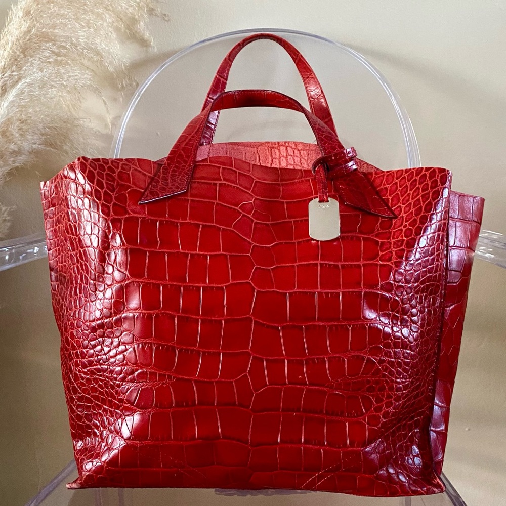 Furla Vintage Large Red Croc-Embossed Leather Tote Bag with Dust Bag